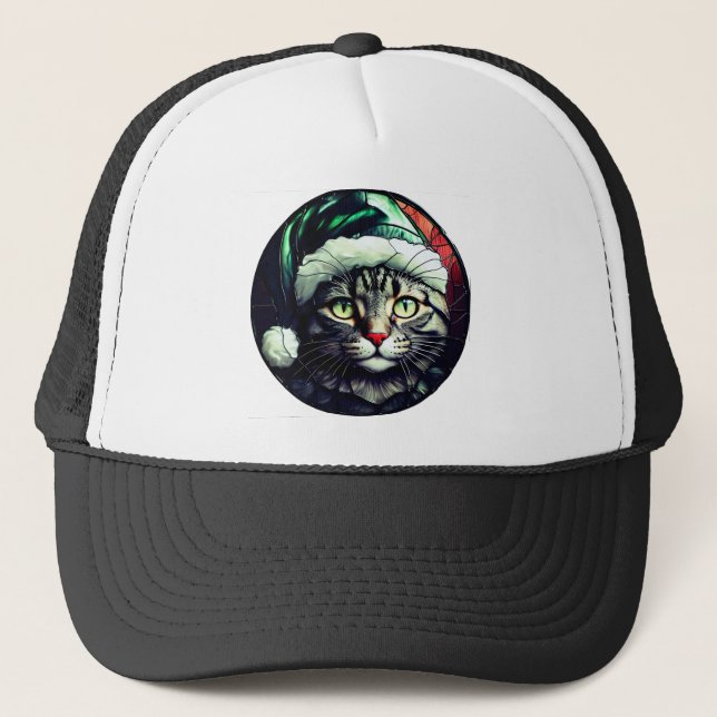 Casquette Stained-Glass Christmas Grey Tabby In Green Hat (Devant)