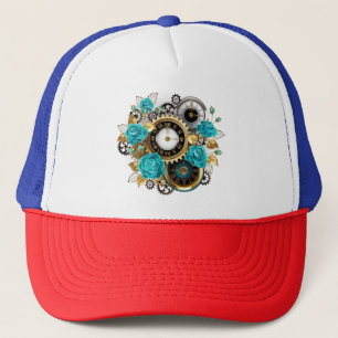 Casquette Steampunk Clock and Turquoise Roses on Striped