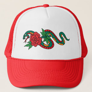 Casquette Tatouage de serpent enroulé autour d'une rose roug