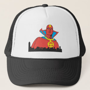 Casquette Tornade rouge derrière le paysage urbain