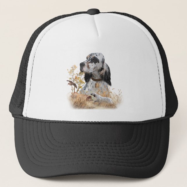 Casquette Tri Couleur Anglais Setter Art, chasse en bois (Devant)