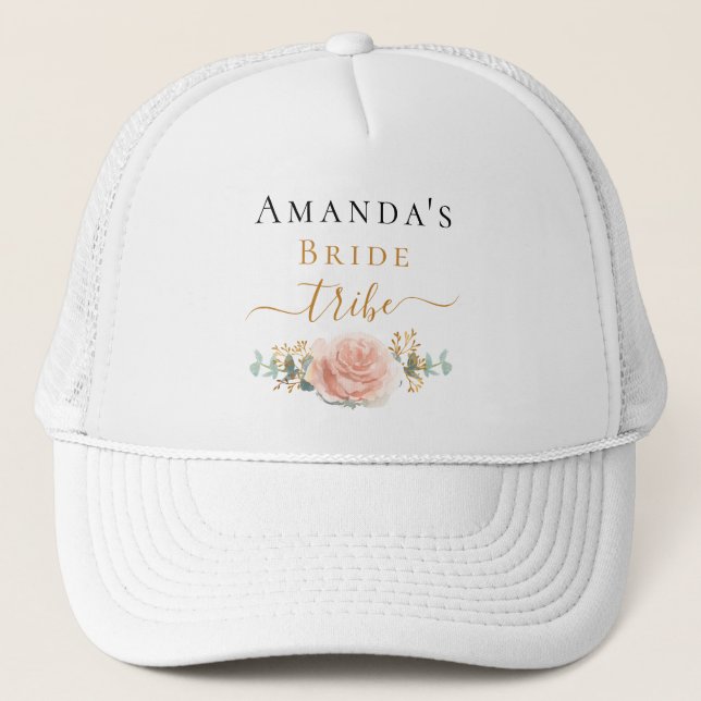 Casquette Tribe de mariée rose or floral eucalyptus verdure (Devant)