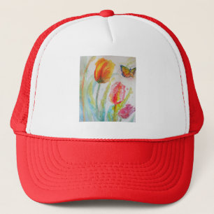 Casquette Tulipe colorée et papillon Aquarelle florale