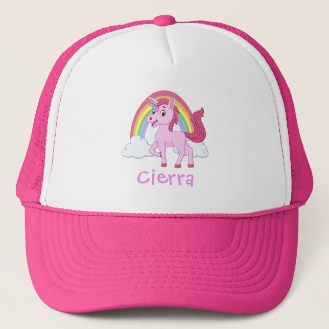 Casquette Unicorne rose arc-en-ciel Nom personnalisé (Devant)