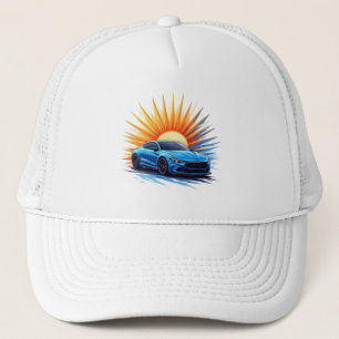 Casquette Voiture Sportive Bleue sur un Fond de Soleil Éclat