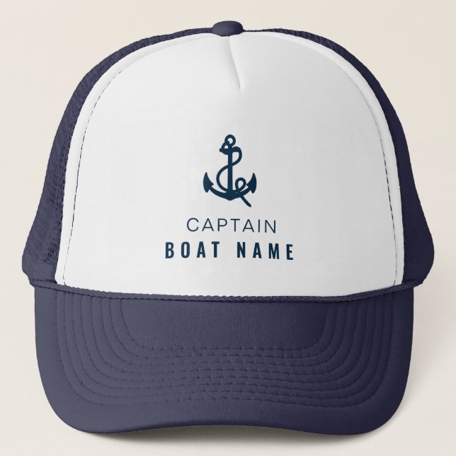 Casquette Votre nom de bateau Nautical Blue blanc Ancre Capi (Devant)