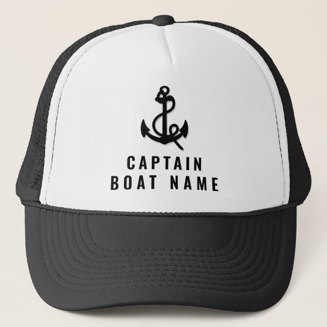 Casquette Votre nom de bateau Nautical noir blanc Ancre Capi (Devant)