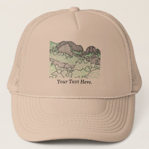 Casquette Votre texte Montagnes et arbres Ligne de dessin Ca