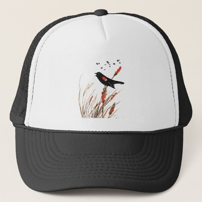Casquette Watercolor Red Wing Blackbird Wildlife Cattails (Devant)