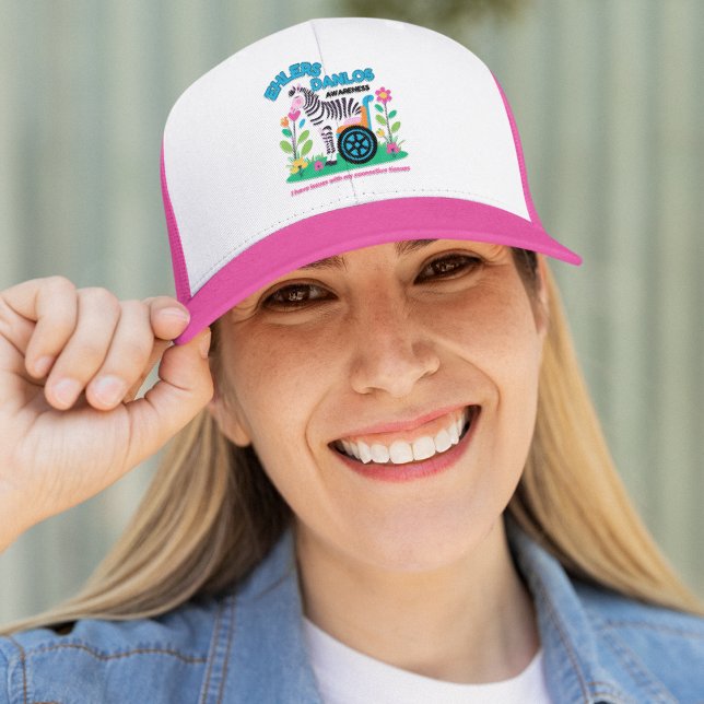 Casquette zébrée de sensibilisation à la SPE (Spread EDS awareness with this zebra, "I have issues with my connective tissues" trucker hat! )