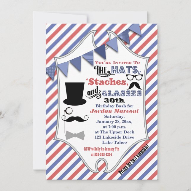 Casquettes, moustaches et lunettes Invitation de 3 (Devant)