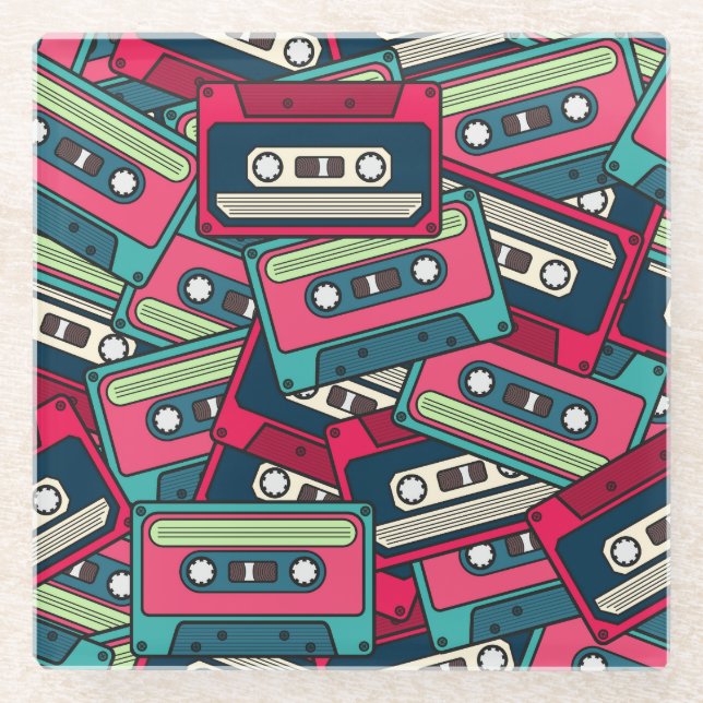 Cassette Tape: Colourful Irregular Pattern. Glass Coaster (Front)