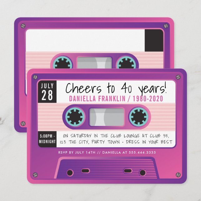 CASSETTE TAPE modern vintage disco birthday purple Invitation (Front/Back)