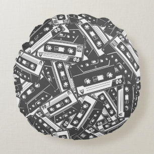 Cassette Tape: Monochrome Vintage Pattern Round Pillow