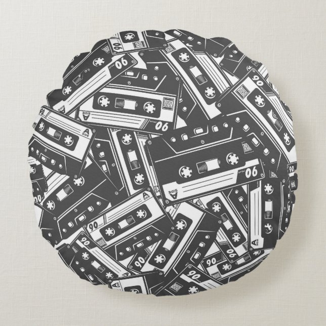 Cassette Tape: Monochrome Vintage Pattern Round Pillow (Front)