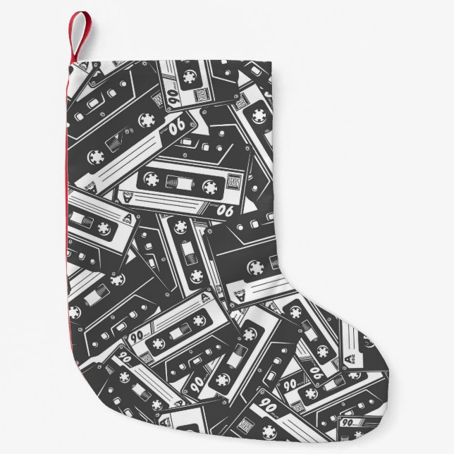 Cassette Tape: Monochrome Vintage Pattern Small Christmas Stocking (Front)
