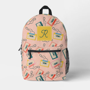 Cassette Tape Pattern Monogram Pink Printed Backpack