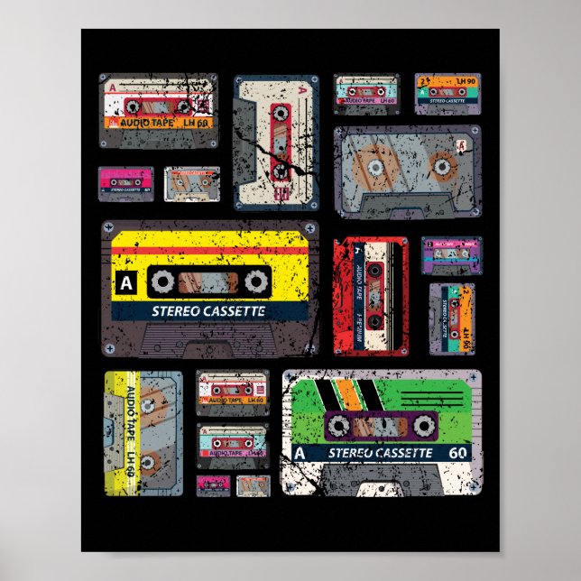 Cassette Tapes Mixtapes 1980s Radio Music Graphic Poster (Front)