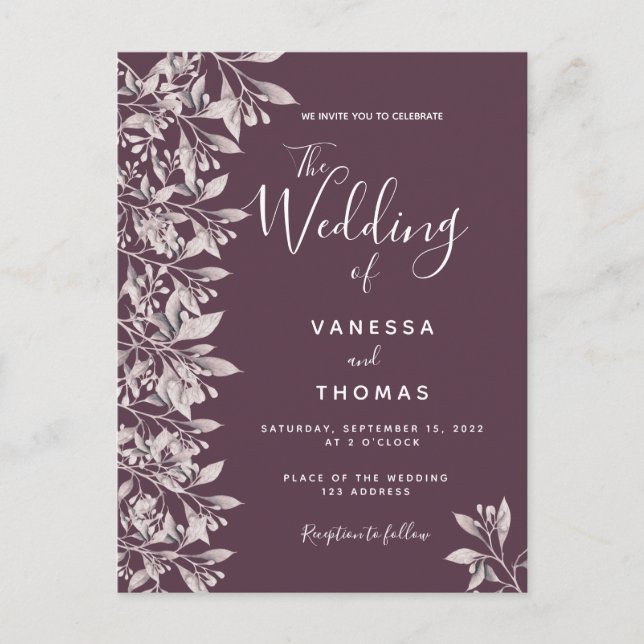 Cassis botanical pink script wedding invitation postcard (Front)