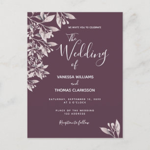 Cassis botanical purple script wedding invitation postcard