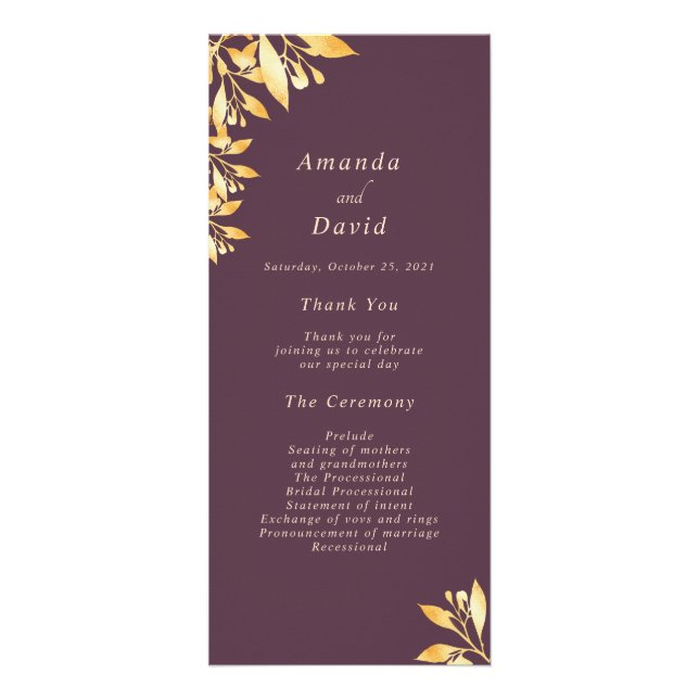 Cassis maroon gold botanical wedding program (Front)