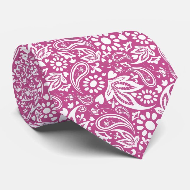Cassis Mulberry and White Romantic Paisley Pattern Tie (Rolled)