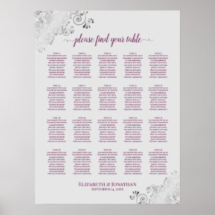 Cassis on Grey 20 Table Wedding Seating Chart