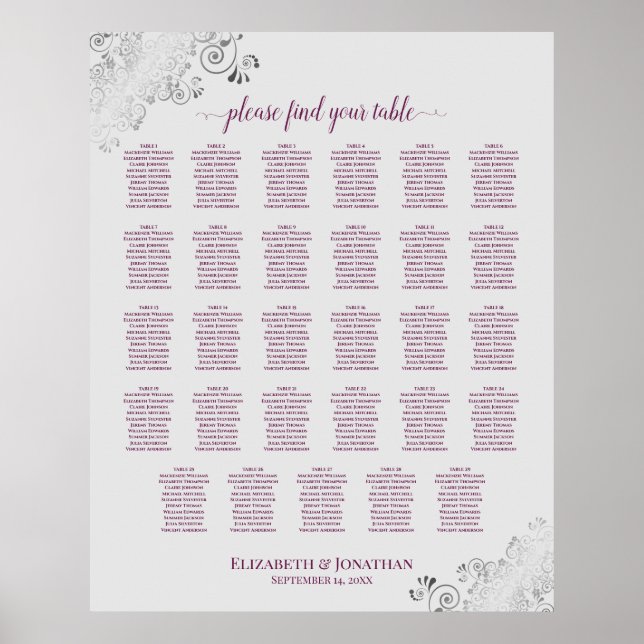 Cassis on Grey 29 Table Wedding Seating Chart (Front)