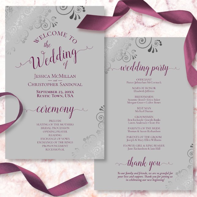 Cassis on Grey Silver Lace Budget Wedding Program (Front and Back)