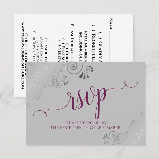 Cassis on Grey Silver Lace Calligraphy Wedding RSVP Card (Front/Back)