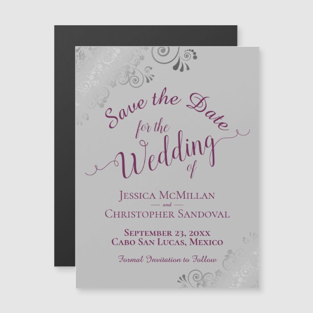 Cassis on Grey Silver Lace Save the Date Magnet (Front/Back)