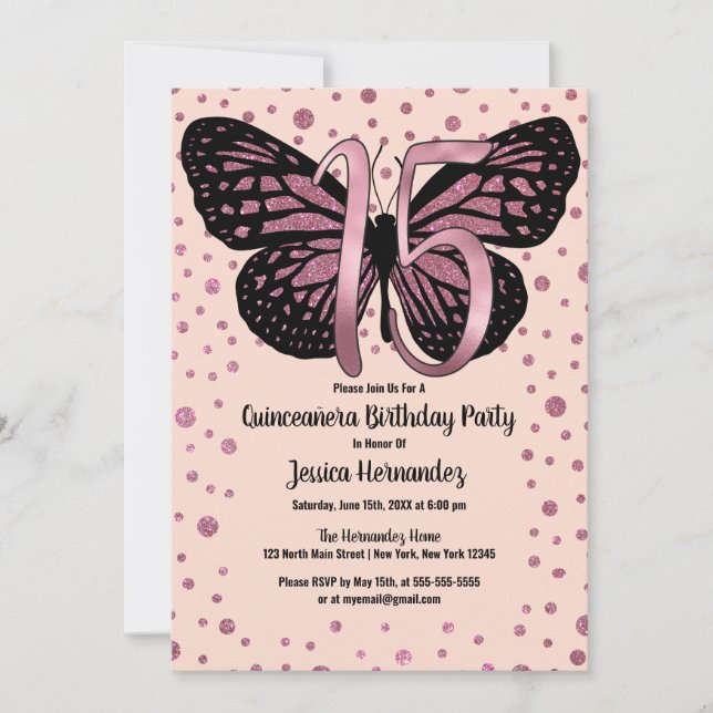 Cassis Pink Butterfly Glitter Confetti Quinceañera Invitation (Front)