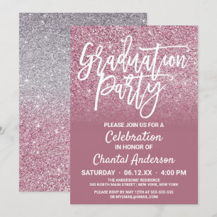 Cassis Pink Silver Faux Glitter Ombre Graduation Invitation