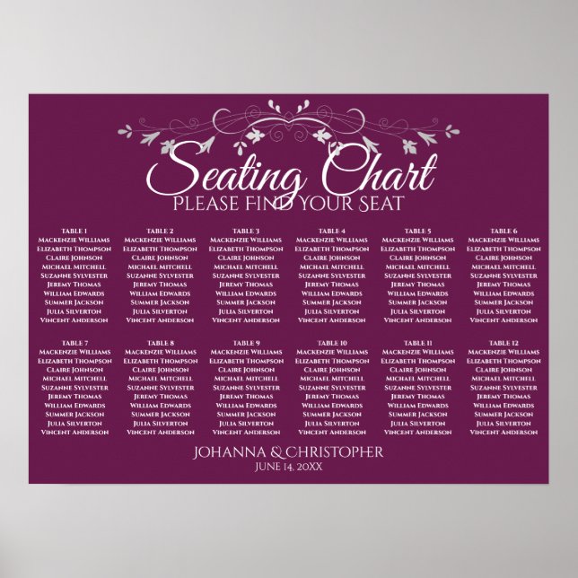 Cassis Purple 12 Table Wedding Seating Chart (Front)