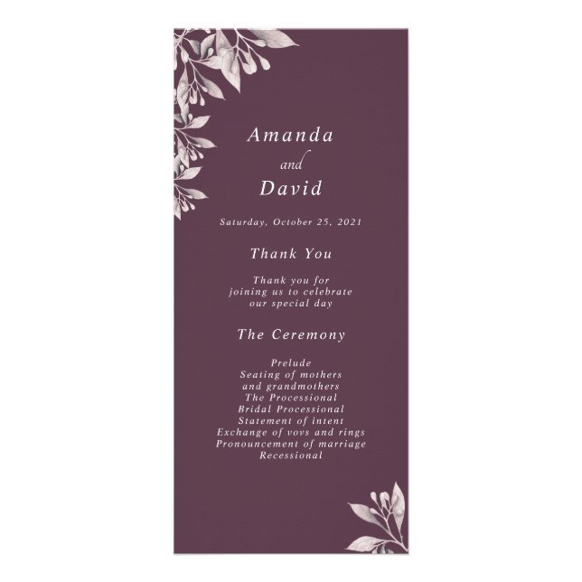 Cassis purple botanical floral wedding program (Front)