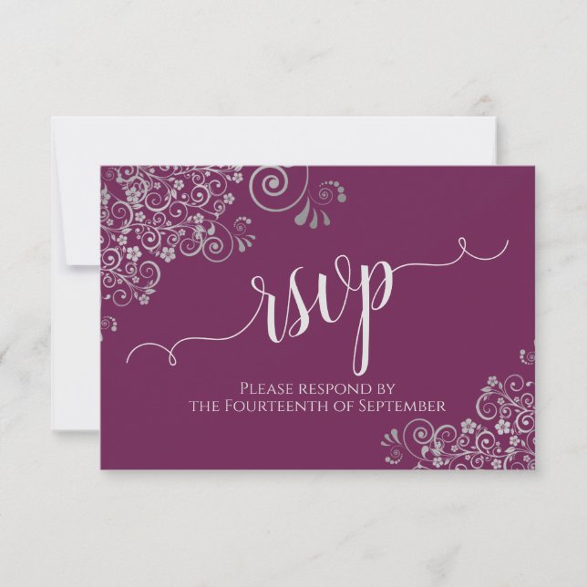 Cassis Purple Elegant Calligraphy Lacy Wedding RSVP Card (Front)