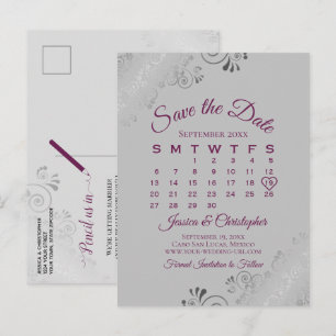 Cassis Purple Grey Wedding Save the Date Calendar Announcement Postcard