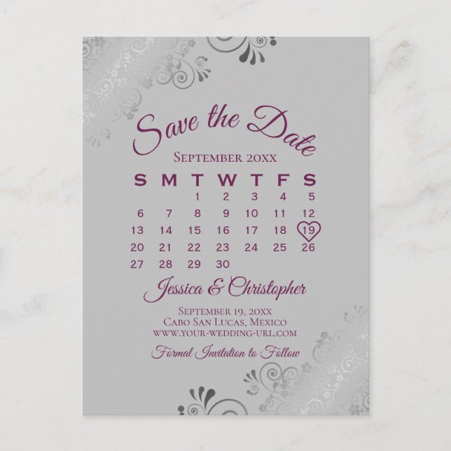 Cassis Purple Grey Wedding Save the Date Calendar Announcement Postcard (Front)