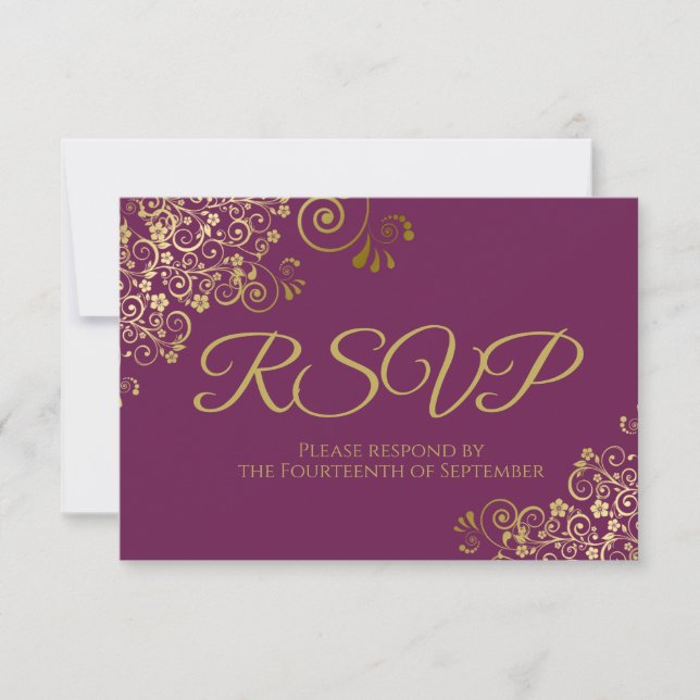 Cassis Purple Magenta Elegant Gold Curls Wedding RSVP Card (Front)