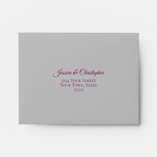 Cassis Purple Silver Lace Inside Grey Wedding RSVP Envelope (Front)