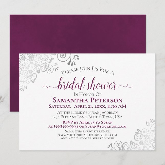 Cassis Purple & Silver Lace White Bridal Shower Invitation (Front/Back)