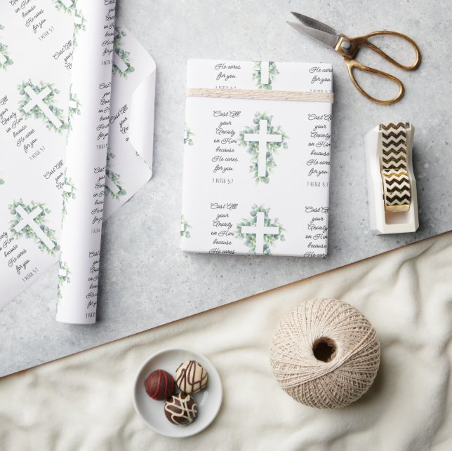 Cast All your Anxiety on Him Eucalyptus Cross Wrapping Paper (Crafts)