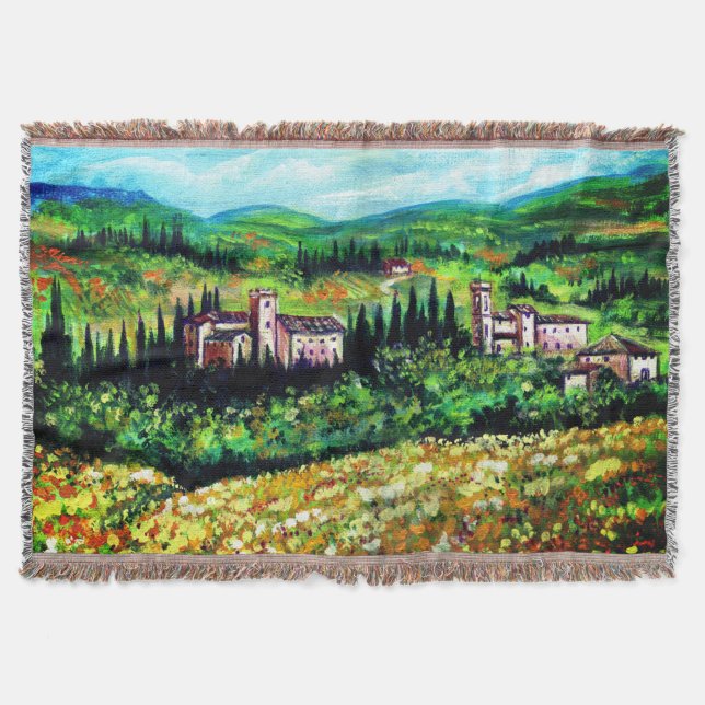 CASTELS IN CHIANTI LANDSCAPE ,YELLOW FLOWER FIELDS THROW BLANKET (Front)