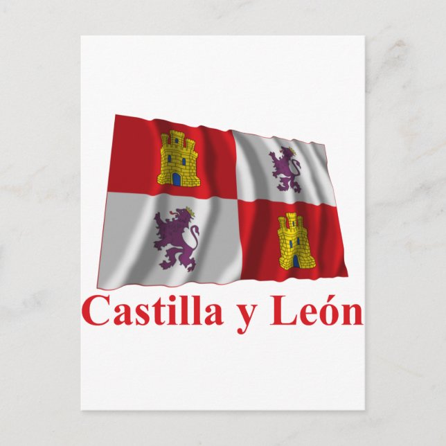 Castilla y León waving flag with name Postcard (Front)