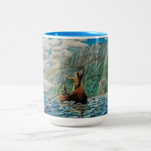 Casting of the net, Viking men in bost net fishing Two-Tone Coffee Mug