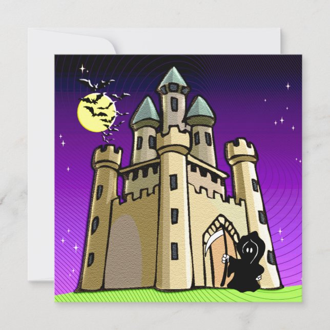 Castle Bats and Grim Reaper at Castle Door Invitation (Front)