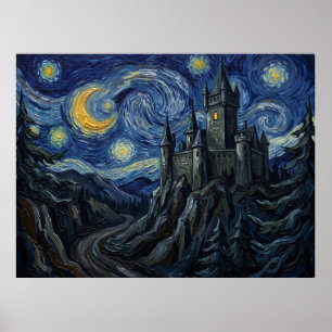 Castle Dracula Starry Night Horror Landscape Poster