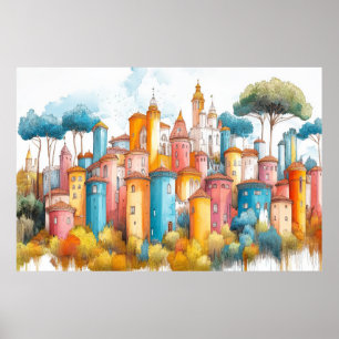 Castle Fortress Illustration Pastel Colour Drawing Poster