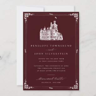 Castle Illustration Border Burgundy Wedding Invitation