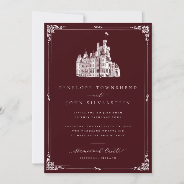 Castle Illustration Border Burgundy Wedding Invitation (Front)
